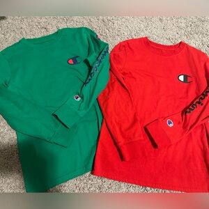 2 Champion Kids Long Sleeve Shirts Size Small Red & Green T-shirts Youth